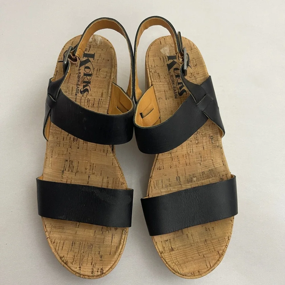 Korks Kork Ease Austin Platform Wedge Sandals Black Leather Ankle Strap Size 9 - Picture 7 of 9